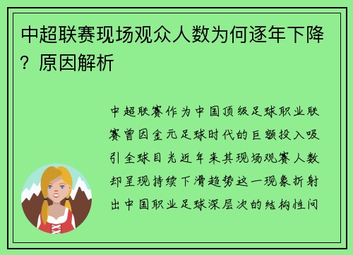 中超联赛现场观众人数为何逐年下降？原因解析